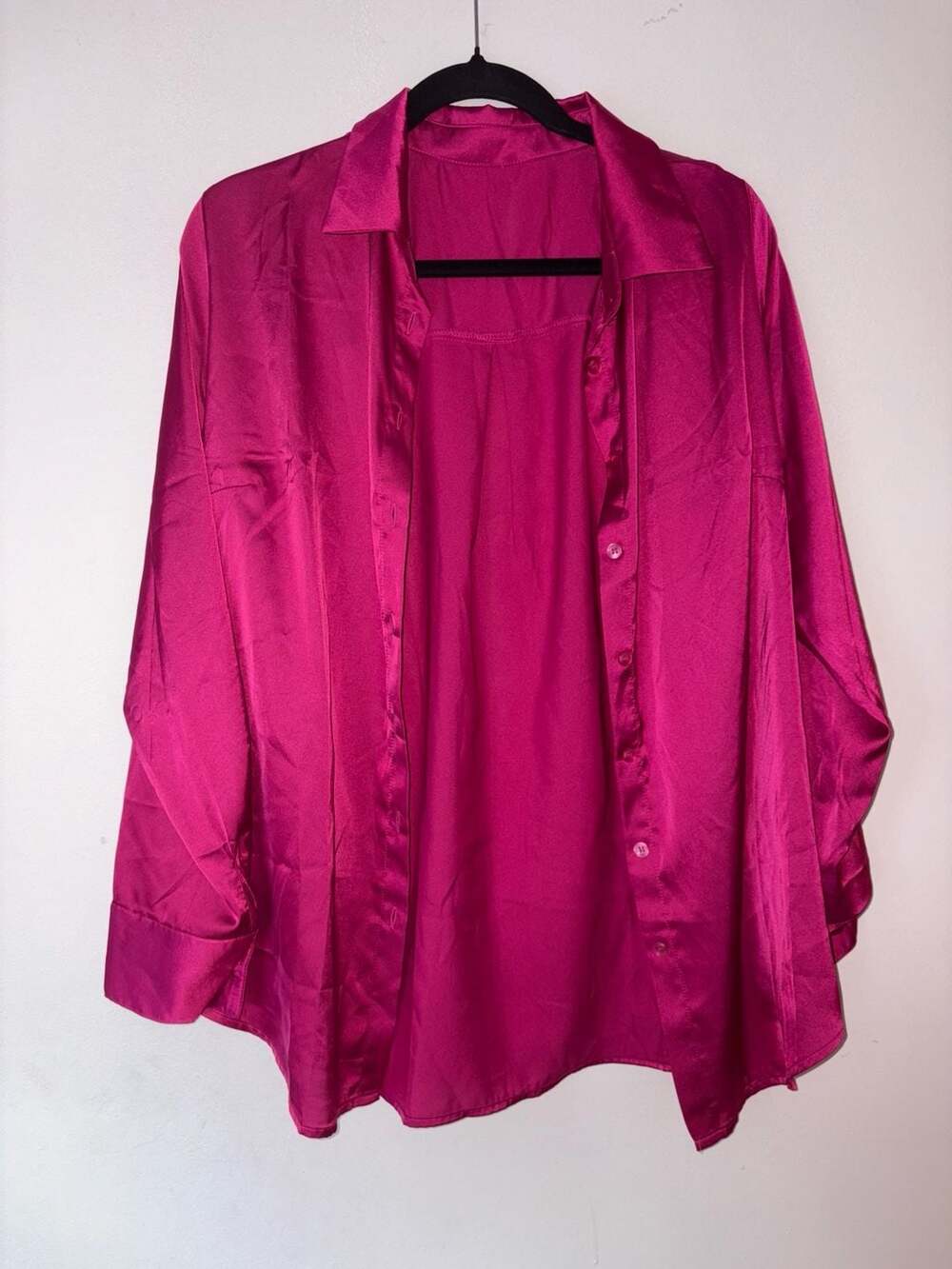 Fashion Nova Satin Shirt Hot Pink Long Sleeve Button Down